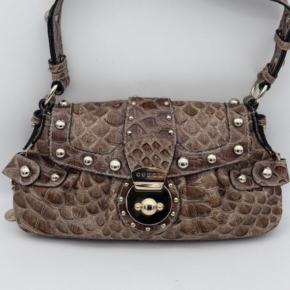 Guess Y2K Baguette Shoulder Bag Faux Patent Leather Croc Stud Purse Vintage - Picture 4 of 16